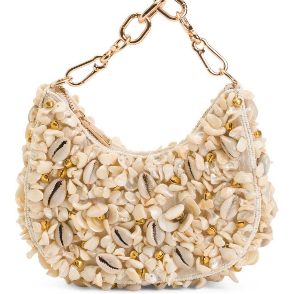 Viral Cream and Gold Seashell Embellished, Shell Handbag, NWT Made In In…